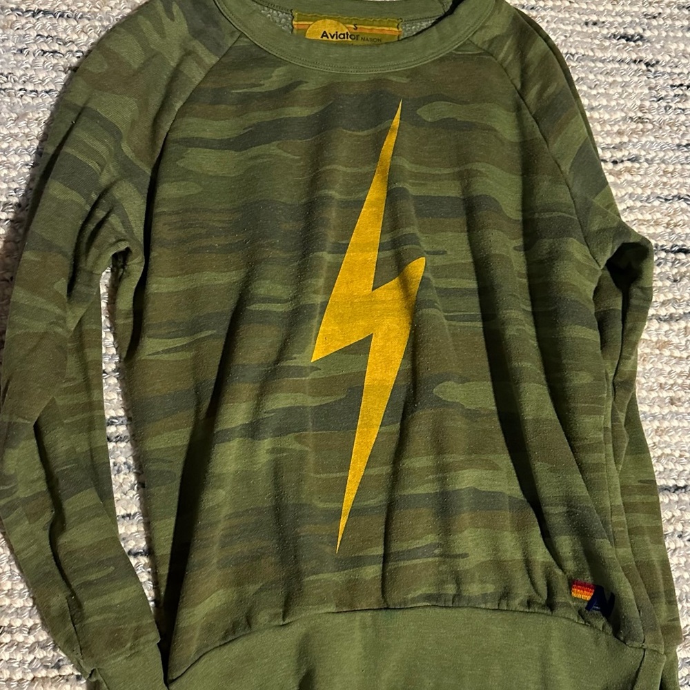 Aviator Nation Green Camo Hoodie with Gold Lightning Bolt